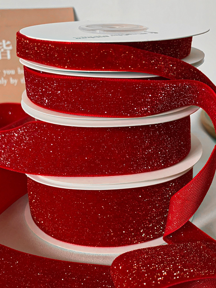 Shinny Glitter Velvet Ribbon 6mm-38mm Deep Red Velvet Ribbon Soft