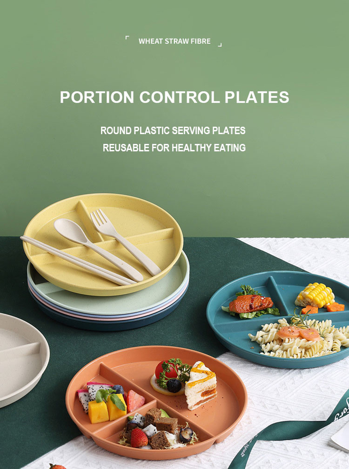Reusable 3-Compartment Dinner Plate BPA-Free Microwave Dishwasher Safe Wheat Fiber PP