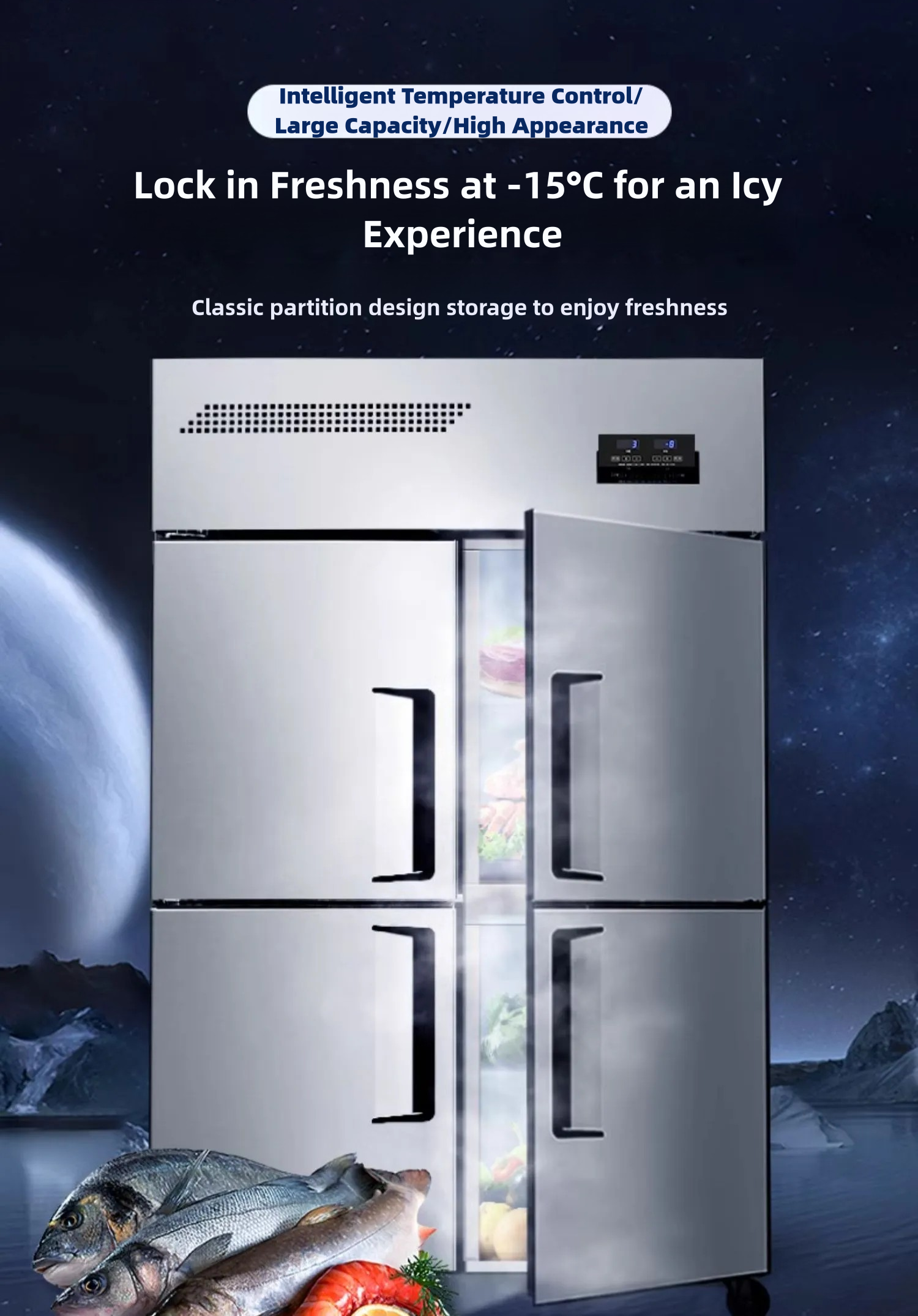 Commercial Fridge Freezer Refrigerator Stainless Steel Vertical Chiller with 4 Doors