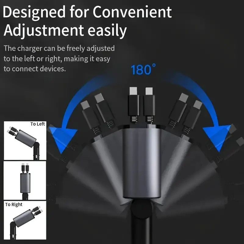 4 in 1 Car Fast Charger Retractable 100W for iPhone Type C Cables and 2 Charging Ports