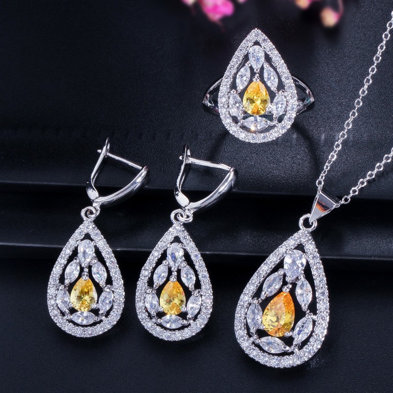 CZ charm pendant necklace dainty jewelry Water Drop Necklace and Earring Sets Big Wedding Jewelry Sets For Brides