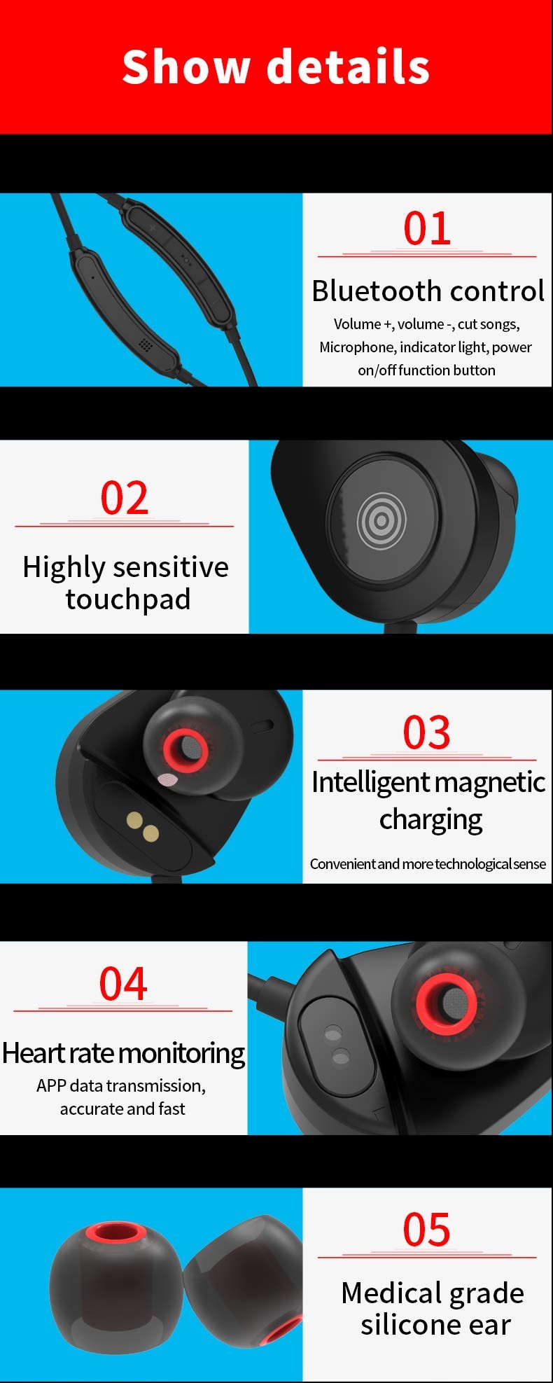 Outdoor Waterproof Wireless Neckband Earphones With Heart Rate Monitor