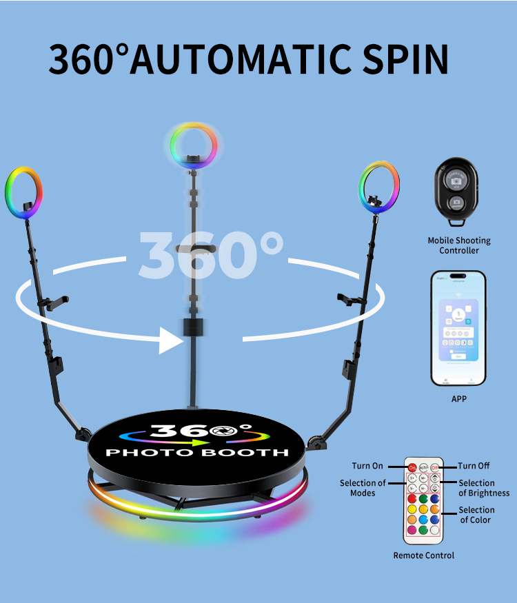 80-120CM Rotating Stand Square LED Ring Photo Booth with Strong Metal Tempered Glass