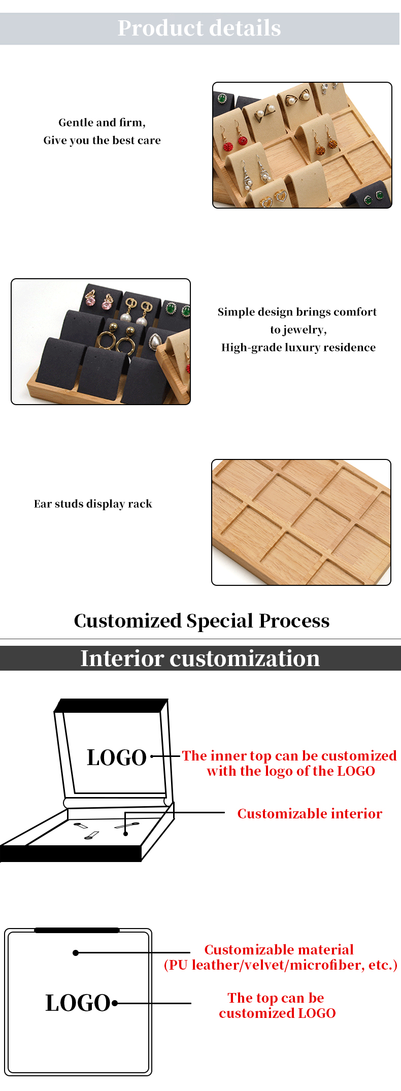 Soft Velvet Cover Wooden Jewelry Storage Display Tray Stand for Ear Studs Drops