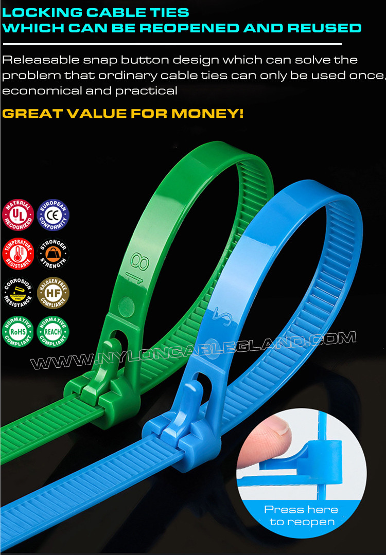 Releasable Zip Cable Tie Plastic Colorful 300mmx7.6, Ø10~82mm Adjustable Cable Strap Reusable Cable Tie Strap (50lbs) Nylon 66, 94V-2 for Indoor &
