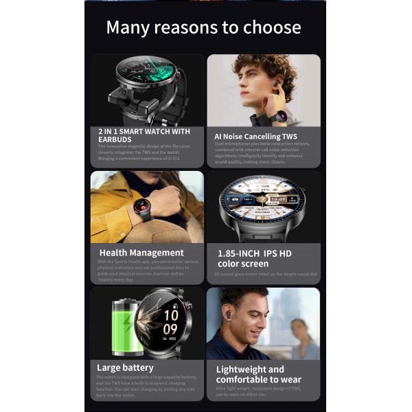 2025 2-in-1 Smart Watch 1.85'' HD Screen IP67 Sports Tracker True Wireless Headphones Fitness