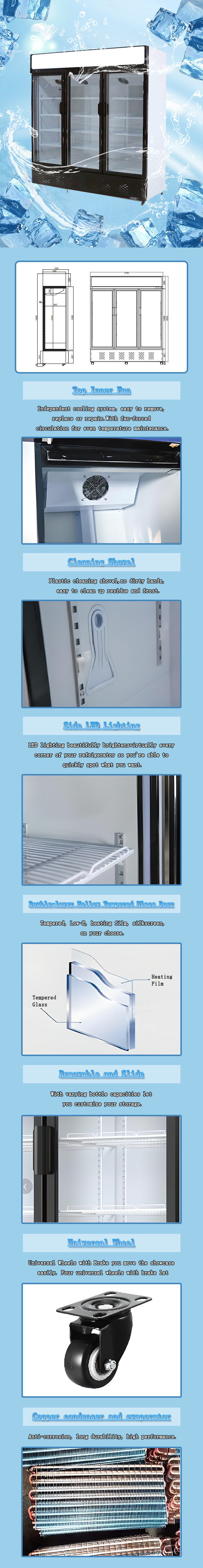 862L Glass Door Cooler Fridge Static With Fan Drink Upright Display 2m Height