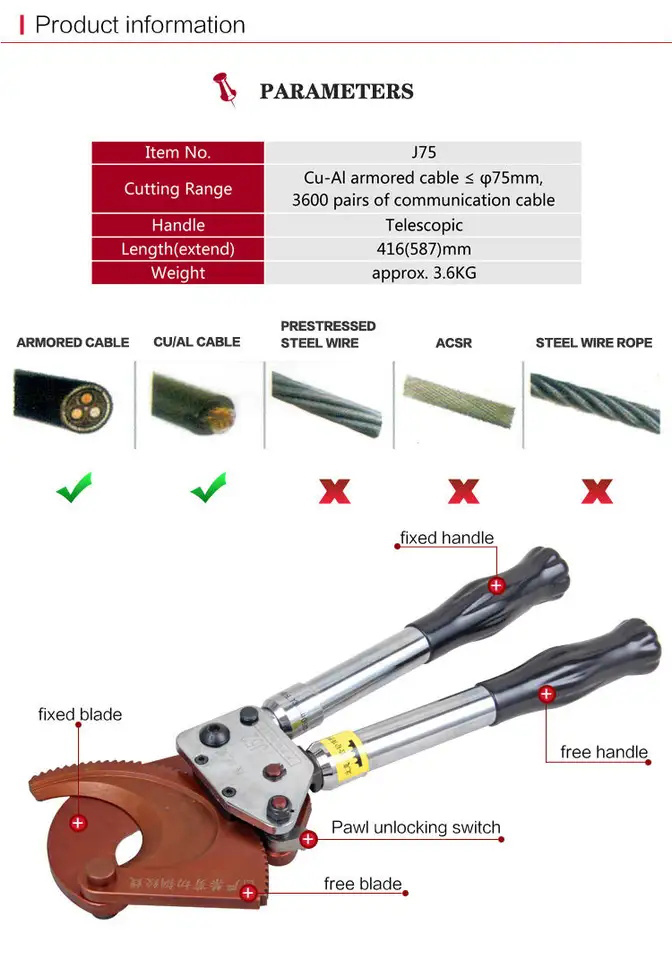 Not Rated Jaw Surface Ratchet Cable Cutter Industrial Grade for 75mm Diameter Cables