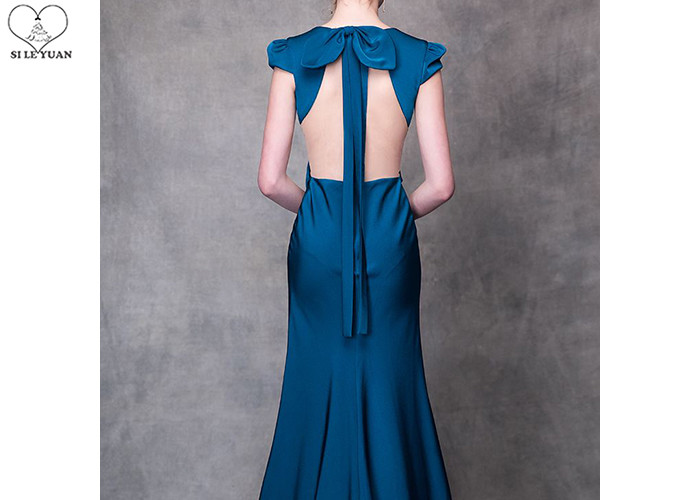 Cyan V Neck A Line Cocktail Dress High Slit Back Hollow Sexy Style With Bowknot