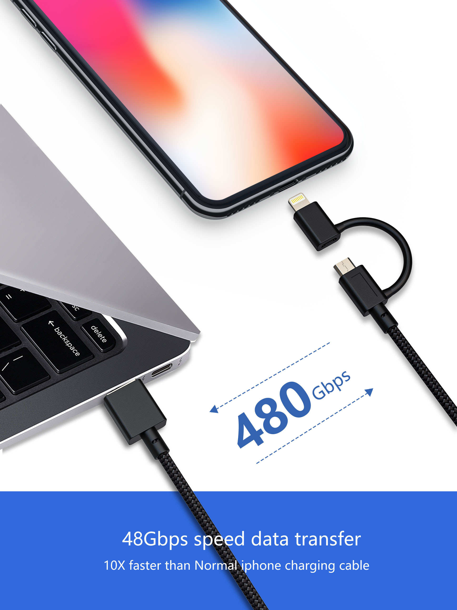2 IN 1 USB Nylon Braided Charging Cable , 6Ft 2.4 Amp Data Cable