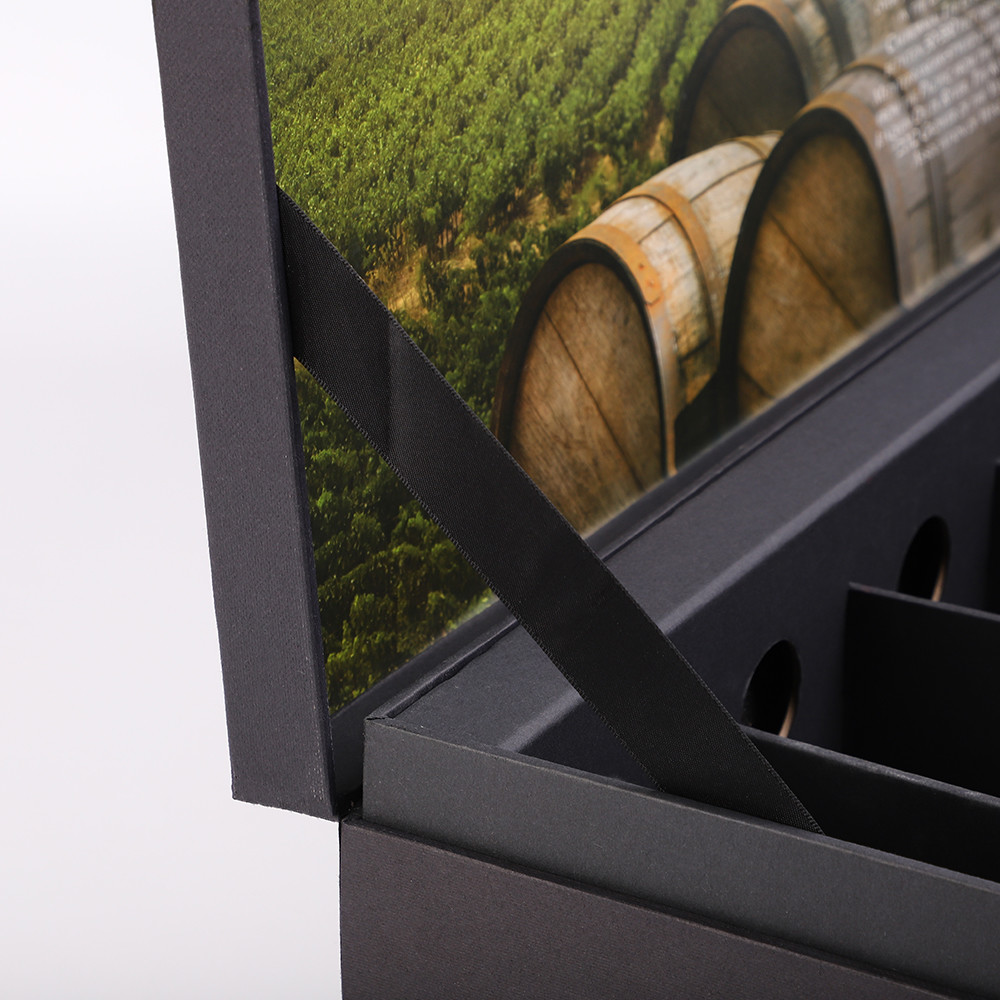 Tailered Rigid Black Paper With Texture 6 Bottle Wine Packaging Box With Cardboard Insert