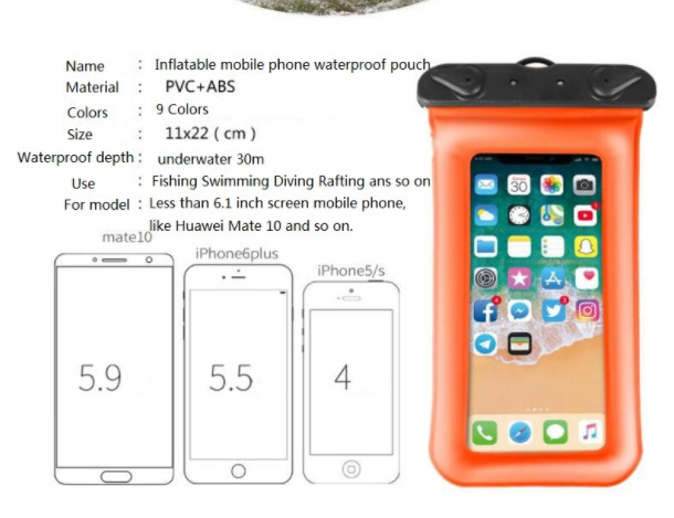 Universal Airbag Floating PVC Swimming Bag , IPX8 Waterproof Phone Case Bag