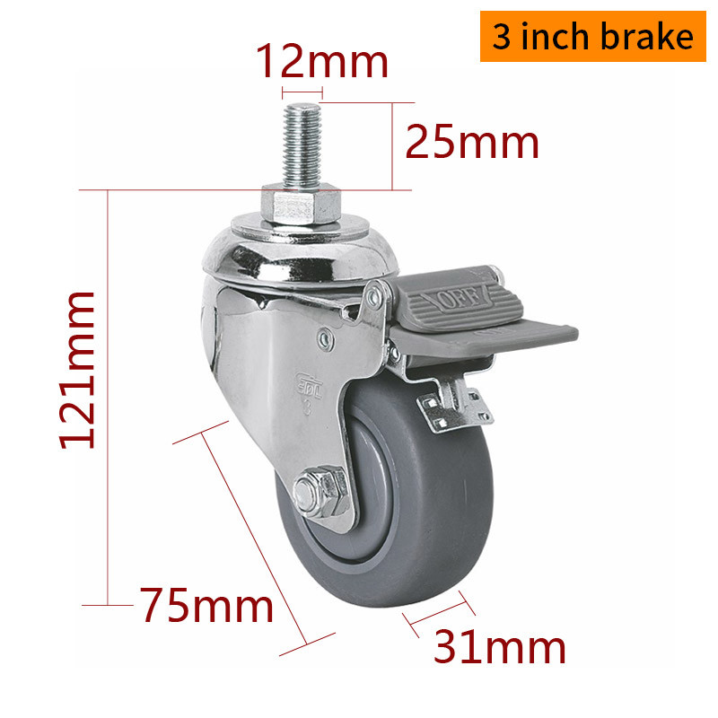TPE 3 Inch Metal Casters Chrome Coating 75mm Swivel Castors With Brakes