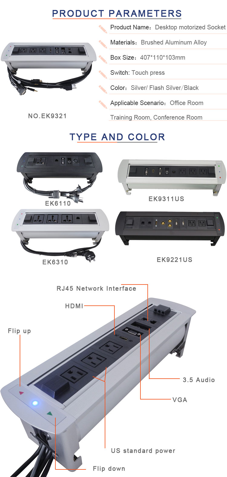 Office hidden into table motorized flip up socket outlet with vga/rj45/usb