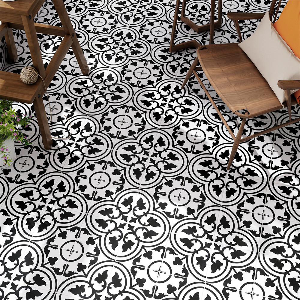 White And Black 20x20cm Eco-Friendly Indoor Wall Floral Ceramic Rustic Tile For Living Room And Balcony
