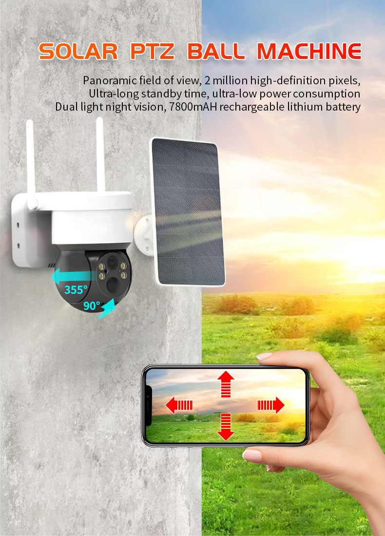 Outdoor Waterproof PIR Wireless WiFi IP Security PTZ Camera H. 265 2MP Night Vision Security PTZ Solar WiFi Camera