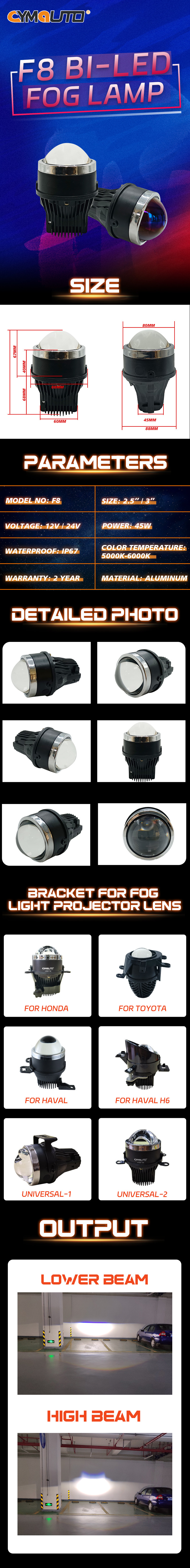 Cymauto F8 Bl-LED ONE COLOR 2.5/3 INCH FOG LAMP POWER:45W 12V/24V COLOR TEMPERATURE:5000K-6000K