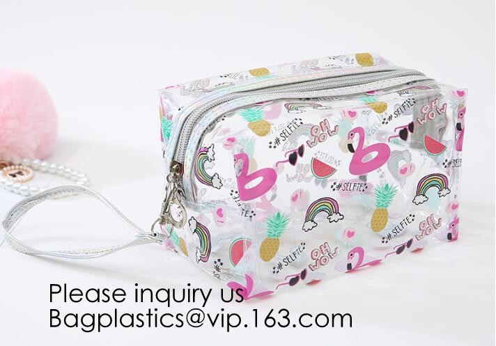 Clear Zipper Pouch with Strap Makeup Bag PVC Cosmetic Pouch,Printing Clear k Cosmetic PVC Pouch, bagease, bagplast