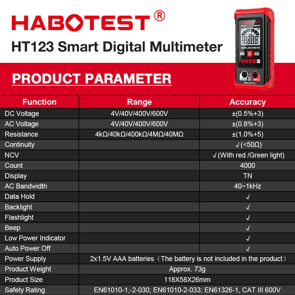 HT123 Smart Digital Multimeter AC/DC Voltage Resistance Continuity Measurement Tester NCV Multimeter With Backlight