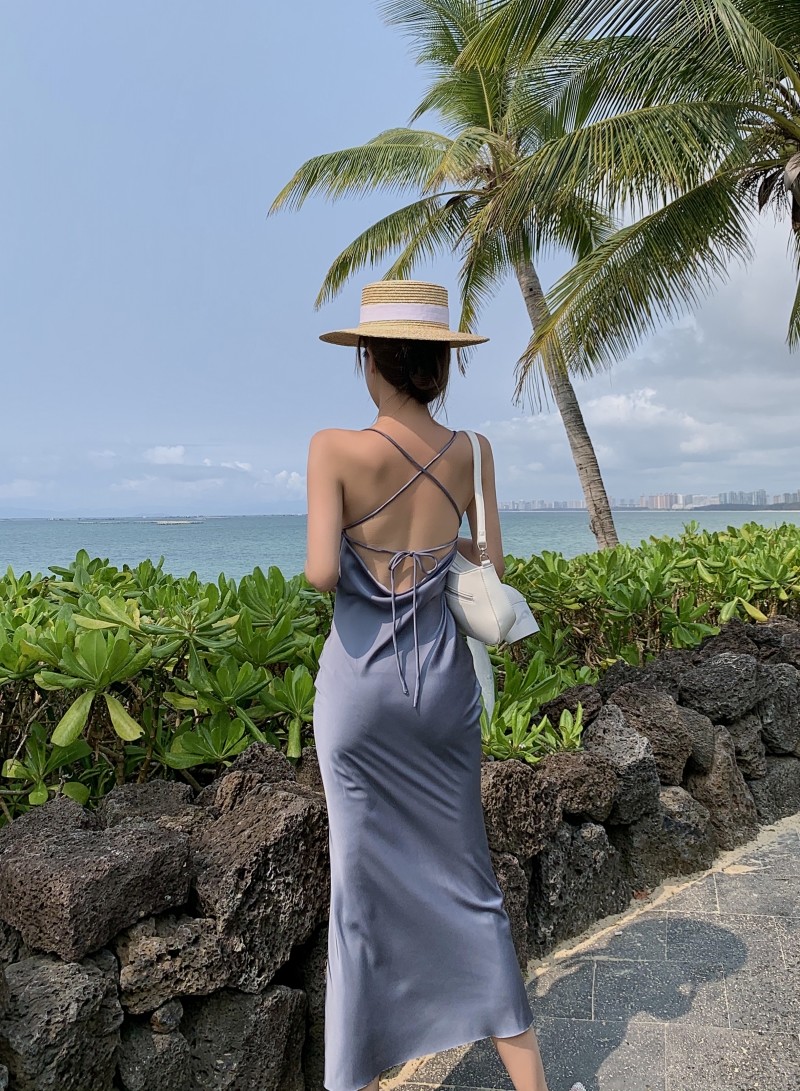 Satin Sling Strap Women's Beachwear Dresses 125cm Sleeveless