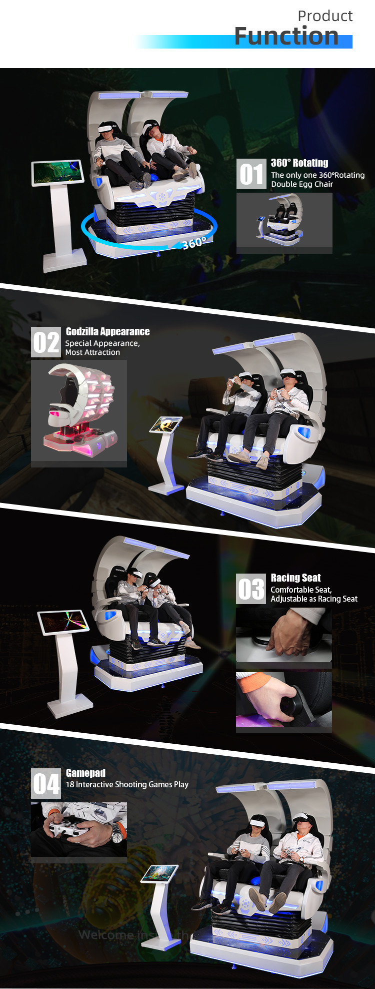 Godzilla 9D Virtual Reality Ride Double Motion Egg Chair 360 VR Simulator