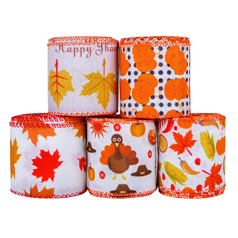 Thanks Giving Day Printed Burlap Ribbon 63mm Personalized Cotton Ribbon