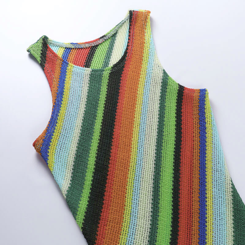 Slim Sleeveless Round Collar Color Stripe Dress Women