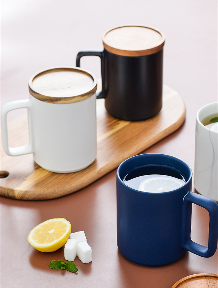 Custom Large 15oz Nordic Matte Black White Ceramic Coffee Mug with Wooden Lid Gift Box