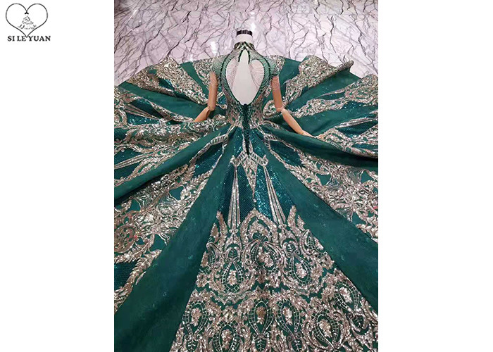 Sequin Green Tailor Made Prom Dresses High Collar Short Sleeve Backless Tassels