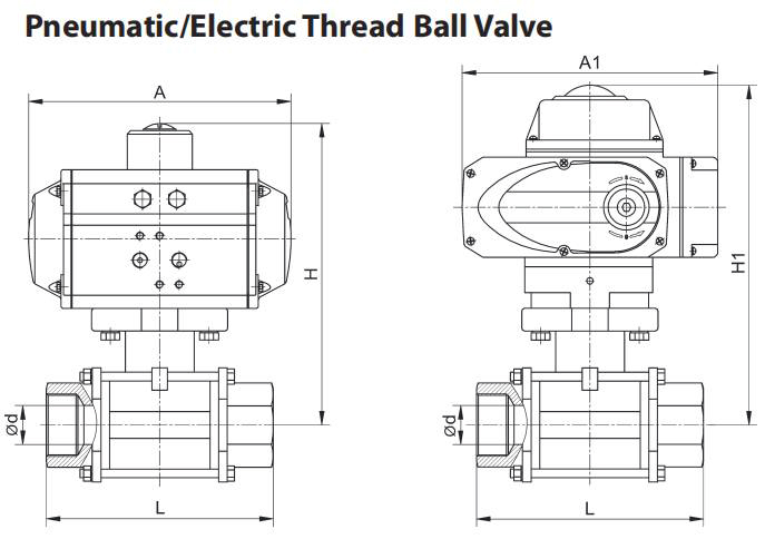 3 Piece Thread Port Pneumatic Actuated Ball Valve Stainless Steel 304