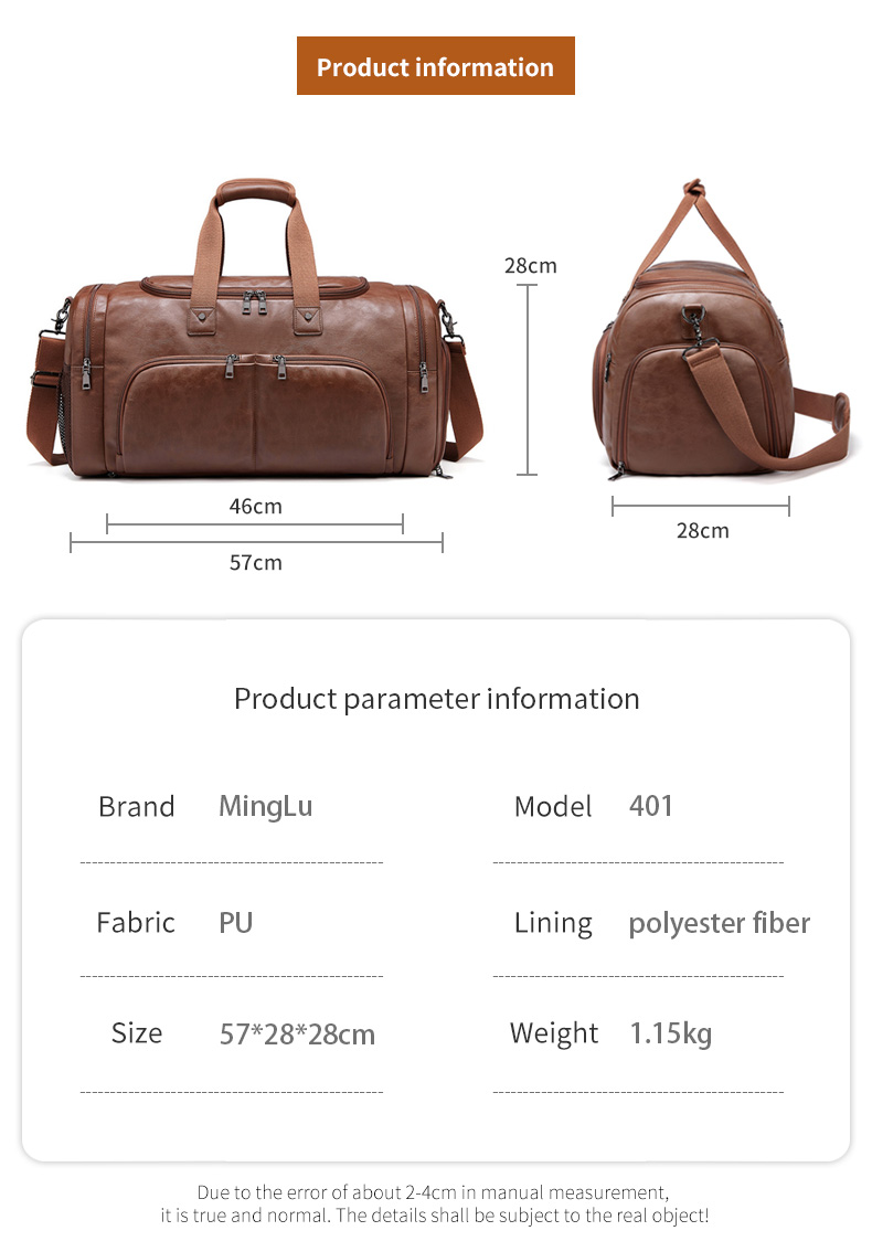 MingLu Waterproof Brown PU Leather Duffle Bag Male Duffle Bag Fashionable