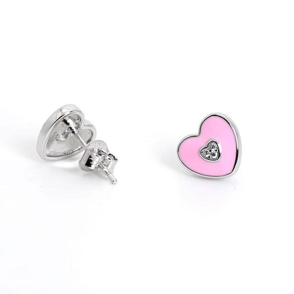 Pink Heart Stud Earrings for Kids Hypoallergenic 925 Sterling Silver Rhodium Plated Dainty Jewelry Gift for Girls