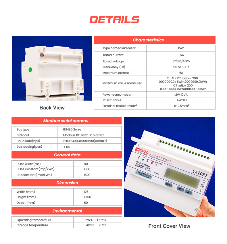 Digital Only Display Type 3-Phase Smart Energy KWh Meter 1.5 6 A 3*230/400V EM735-Mod