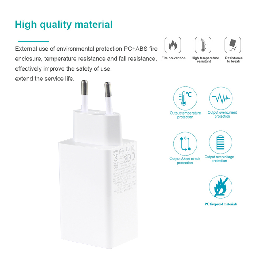 European GaN Tech 3Ports 65W USB C USB-A QC3.0 Charger For Laptop White
