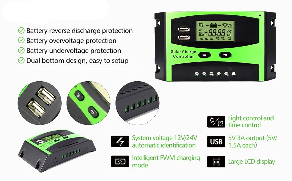 Manual 10A 50A 60A 20A 30A PWM Solar Charger Controllers 24V 12VDC Output Bulb