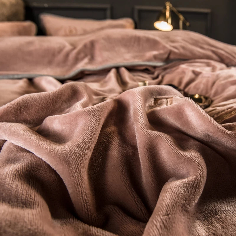Customized Solid Milk Velvet Embroidery Bedding Set Thickened Warm Flannel Four Piece Set