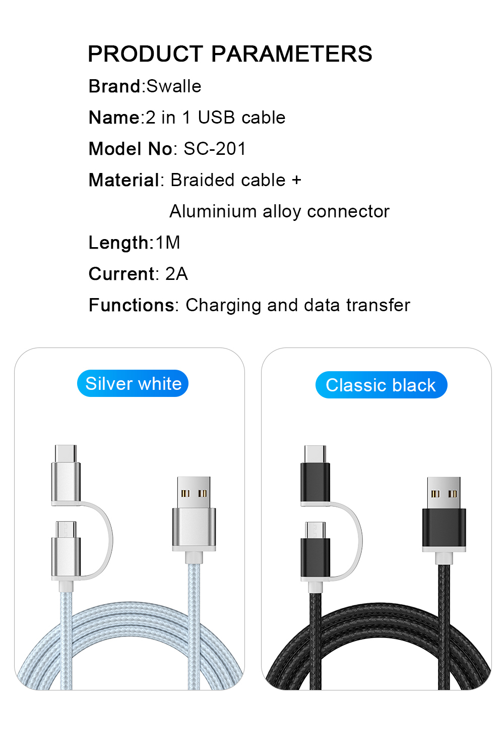5V 2A 2 In 1 USB Data Transfer Cables