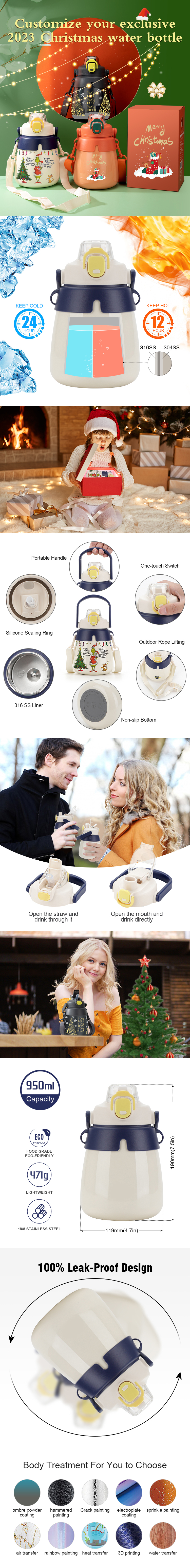 950ml Large Capacity Food Grade Eco-friendly Vacuum Stainless Steel Insulated Sport Water Bottle with Straw