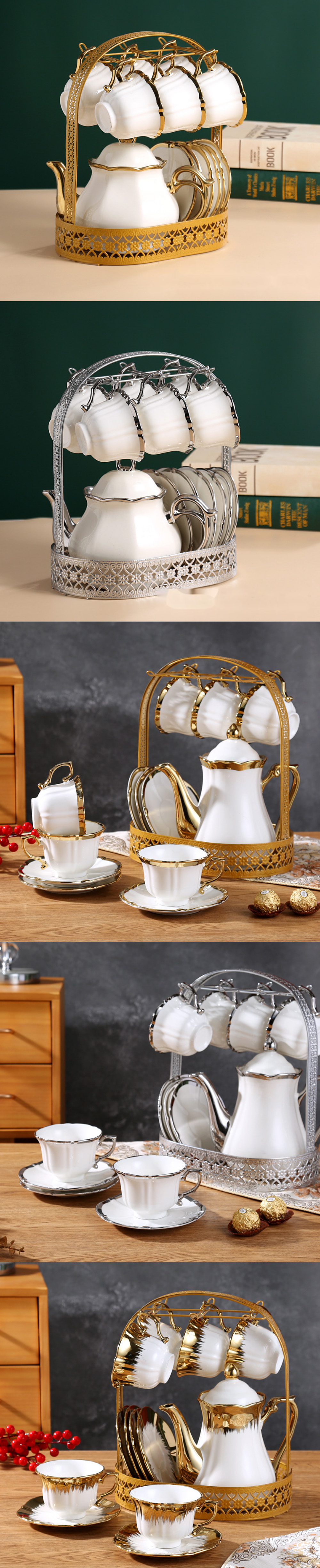 Europe Design Style Vintage Ceramic Tea Cup Set with Teapot Gold Porcelain Coffee Set