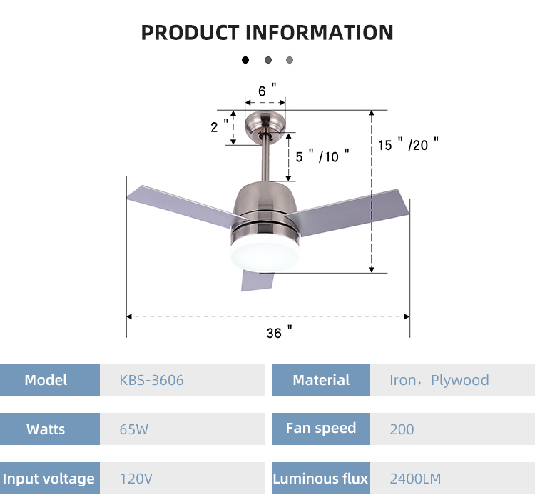 Nordic Style 65W 3000K Modern Brushed Nickel Ceiling Fan With Light 36 Inch