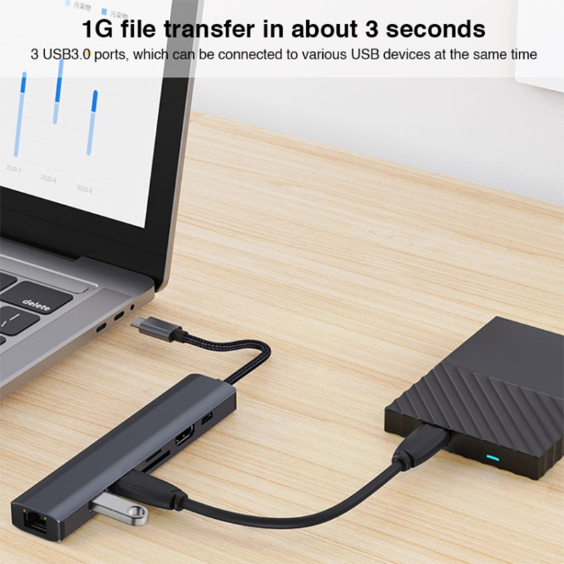 Gray 7 In 1 USB C Type C Hub with 1000M RJ45 Gigabit Ethernet 4K HDMI PD 100W Adapter