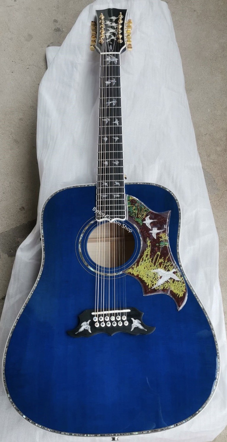 Custom AAAAA 12 Strings All Solid Wood Doves in Flight Viper Blue Acoustic Folk Guitar AAAA solid spruce wood top