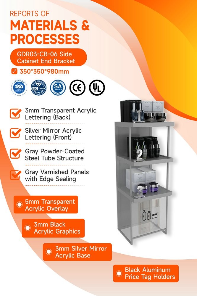 GDR03-CB-06 Side Cabinet End Bracket with Transparent Tempered Glass and Adjustable Shelves for Specialty Beauty Stores