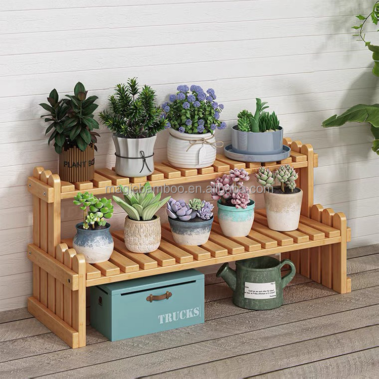 Storage Holder Container Bamboo Tabletop Plant Stand Natural 2-Layer for Small Plants