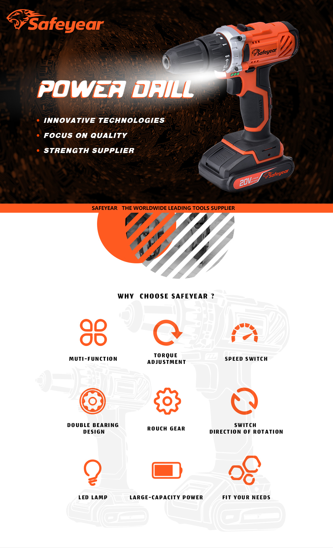 20V Variable Speed Cordless Drill 44pcs Cordless Drill With 2 Batteries And Charger