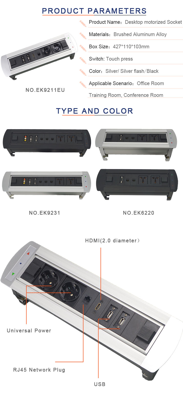 BNT Customized supported popular desk mounted media outlet with EU power plug
