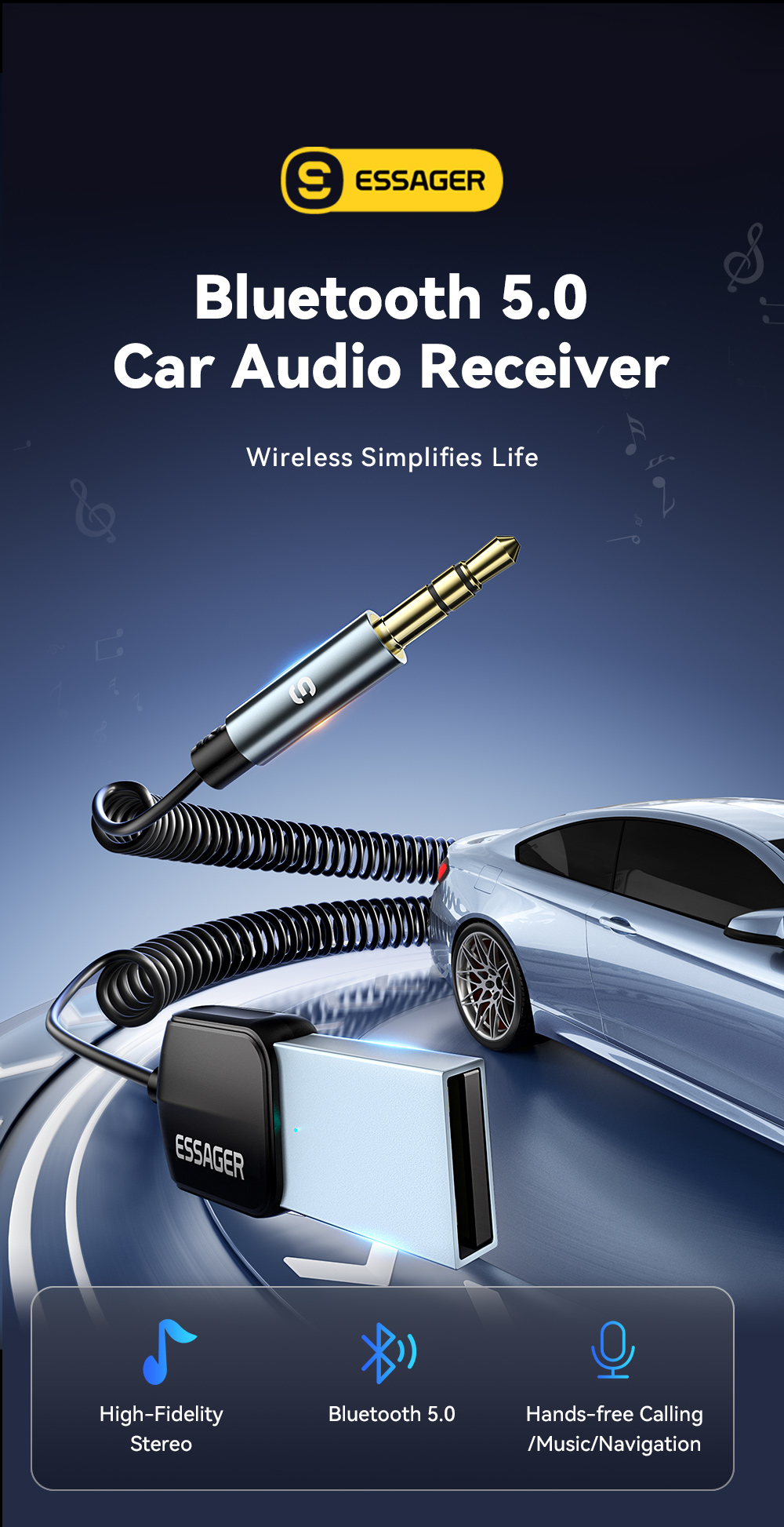 Essager EB01 Series Male 3.5mm Jack Audio Bluetooth Adapter Blue Tooth Receiver