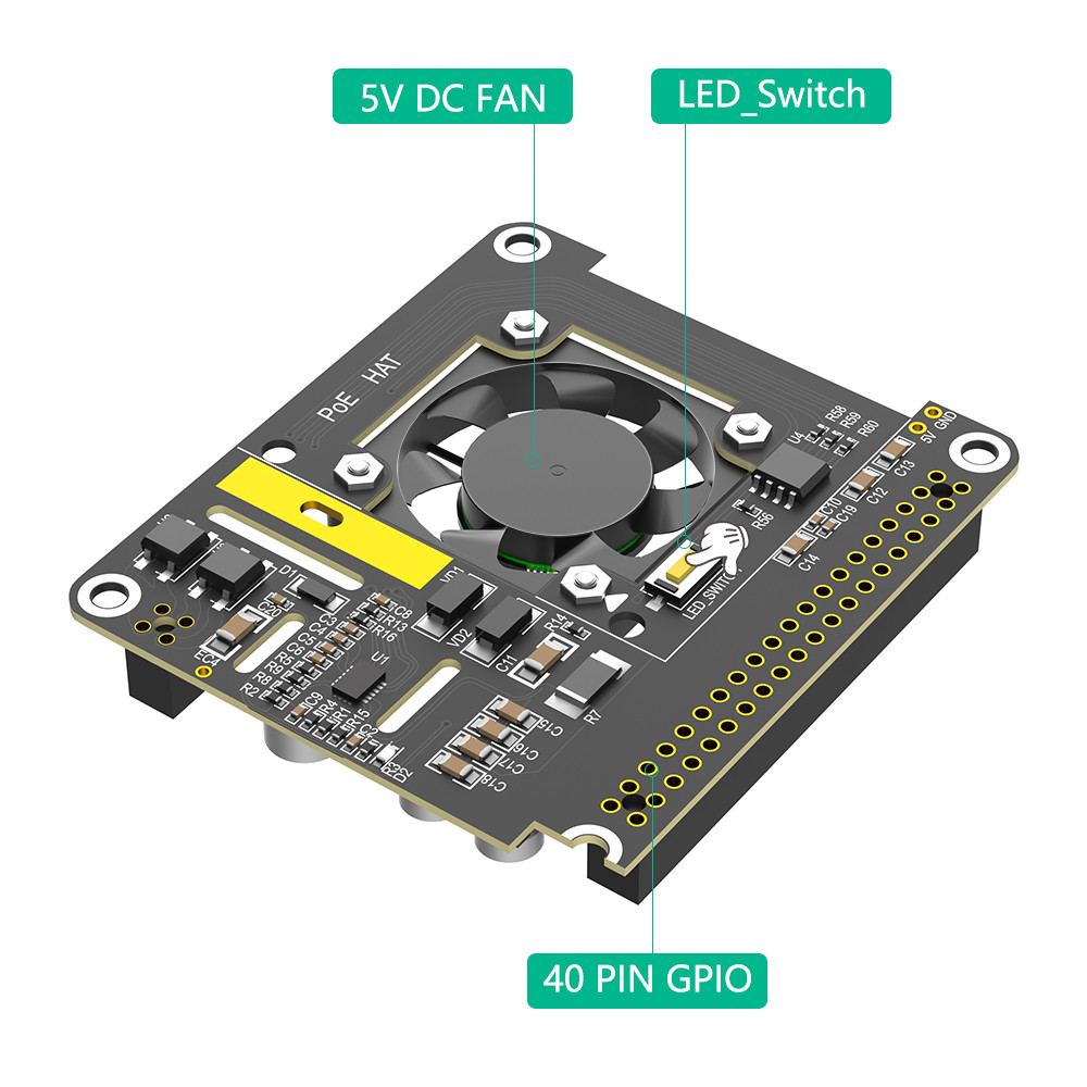 Raspberry Pi 5 PoE HAT with Cooling Fan and Automatic LED 5V 5A 25W IEEE 802.3af/at-Compliant