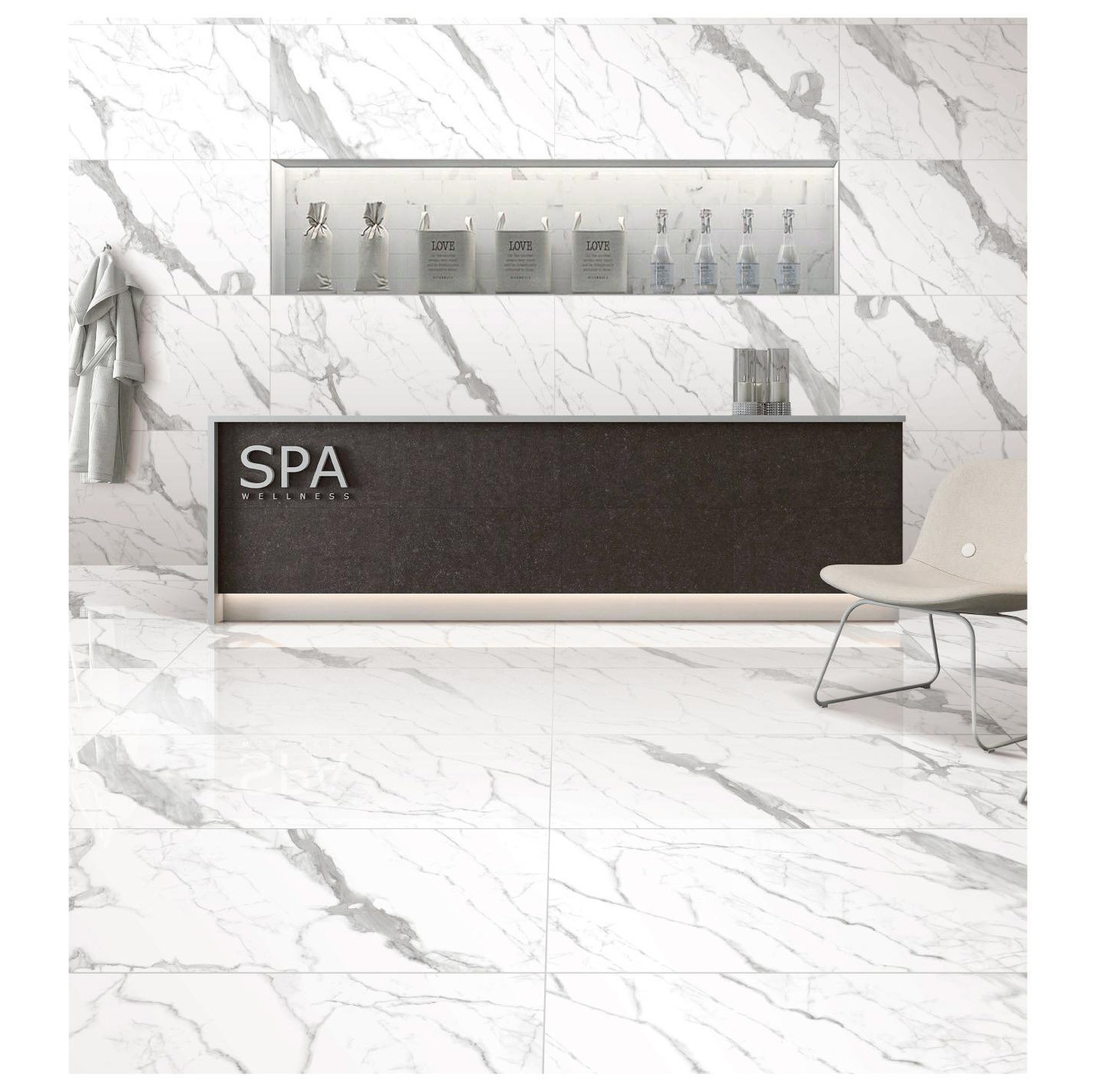 45X90cm SGS White Carrara Porcelain Tile , 31KG/ctn TV Background Wall Tiles Glazed