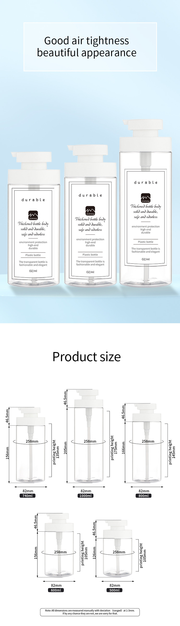 1000ml Cylinder Pet Lotion Bottle For Shampoo Cosmetic Packing